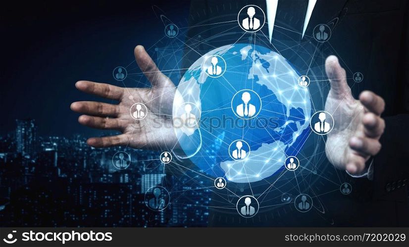 People network and global communication concept. Business people with modern graphic interface of community linking many people around world by social media platform to connect international business.