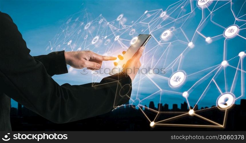 People network and global creative communication concept. Business people with modern graphic interface of community linking many people around world by social media to connect international business.
