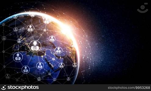 People network and global earth connection in innovative perception. Business people with modern graphic interface linking many people around world by social media to connect international business.
