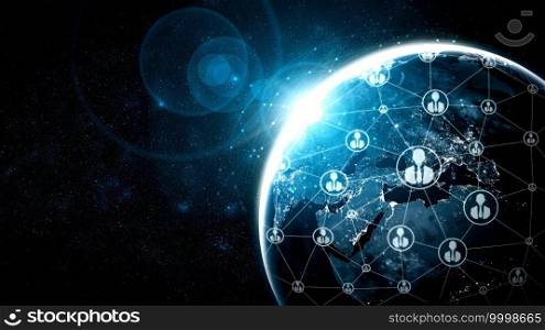 People network and global earth connection in innovative perception . Business people with modern graphic interface linking many people around world by social media . 3D illustration .. People network and global earth connection in innovative perception