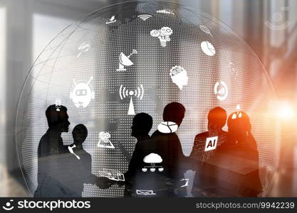 People network and international communication concept. Business people with modern graphic interface of community linking many people around world by social media to connect international business.