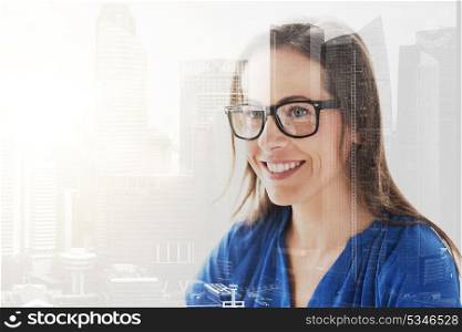 people, office and vision concept - close up of happy smiling middle aged woman in glasses over city buildings background and double exposure effect. close up of smiling middle aged woman in glasses