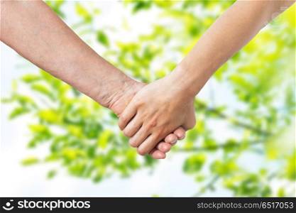 people, old age and generation concept - close up of senior and young woman holding hands over green natural background. close up of senior and young woman holding hands. close up of senior and young woman holding hands