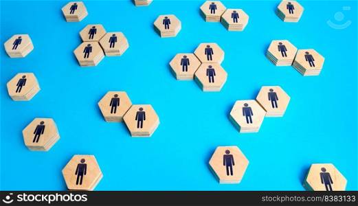 People on hexagons. Social statistics. Relationship between people. Demographics, human resources. Searching for candidates, hiring new employees for vacancies. Communication. Personnel management.