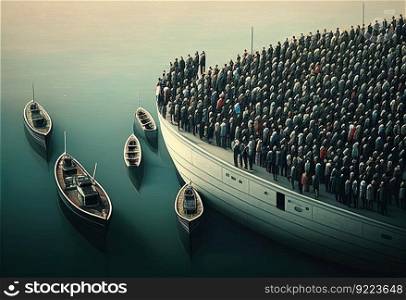 People on ships and boats. evacuation from the ship illustration. AI generative.