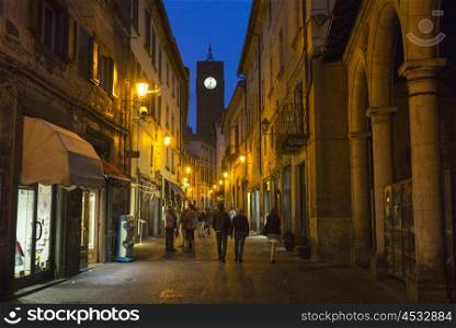 People on street at night, Piazza Della Repubblica, Orvieto, Terni Province, Umbria, Italy