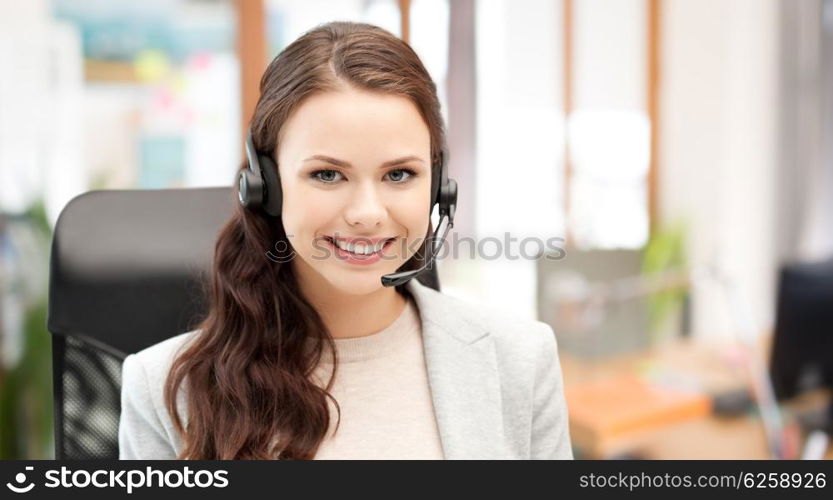 people, online service, communication and technology concept - smiling female helpline operator with headset over office background