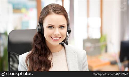 people, online service, communication and technology concept - smiling female helpline operator with headset over office background