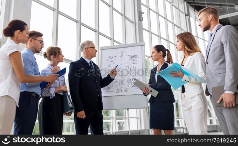 people, planning and strategy concept - business team discussing scheme on flip chart at office. business team with scheme on flip chart at office