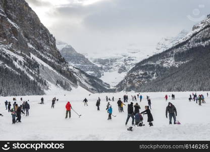 People playing ice hockey, Lake Louise, Banff National Park, Alberta, Canada