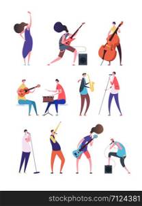 People playing music. Musicians performing rock music singers with microphone guitarist and drummer. Music band flat vector characters. Illustration of band guitarist and singer with microphone. People playing music. Musicians performing rock music singers with microphone guitarist and drummer. Music band flat vector characters
