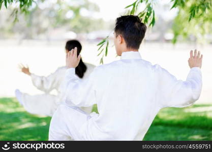 People practicing thai chi in park. People practicing thai chi in the park in the summertime