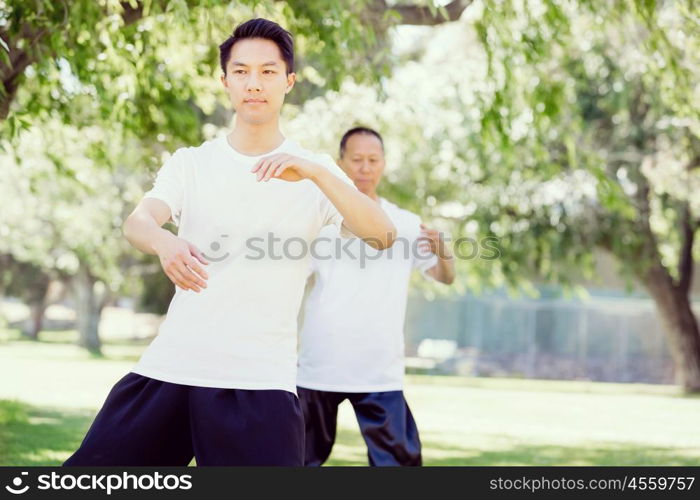 People practicing thai chi in park. People practicing thai chi in the park in the summertime