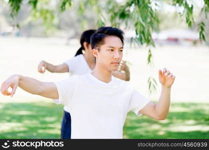 People practicing thai chi in park. People practicing thai chi in the park in the summertime