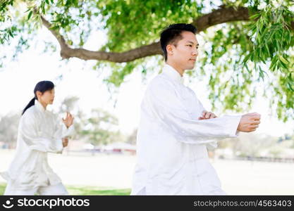 People practicing thai chi in park. People practicing thai chi in the park in the summertime