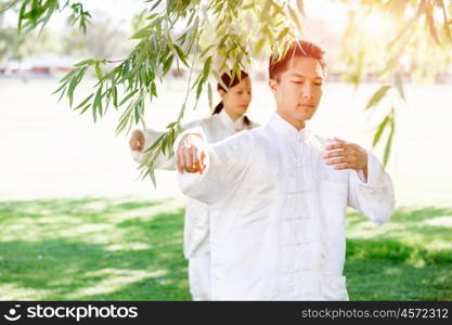 People practicing thai chi in park. People practicing thai chi in the park in the summertime