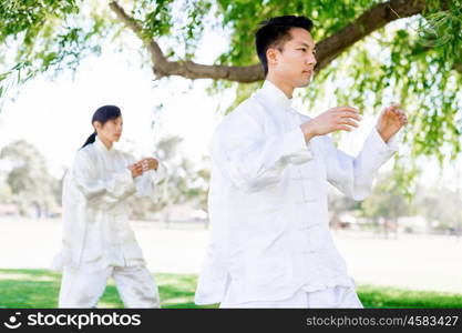 People practicing thai chi in park. People practicing thai chi in the park in the summertime