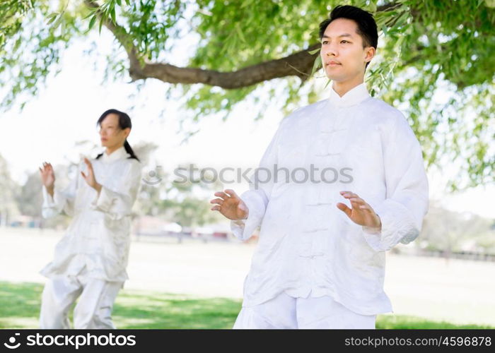 People practicing thai chi in park. People practicing thai chi in the park in the summertime