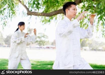 People practicing thai chi in park. People practicing thai chi in the park in the summertime