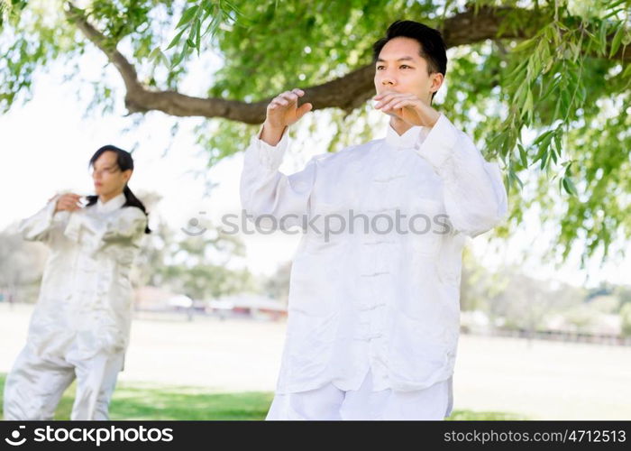 People practicing thai chi in park. People practicing thai chi in the park in the summertime