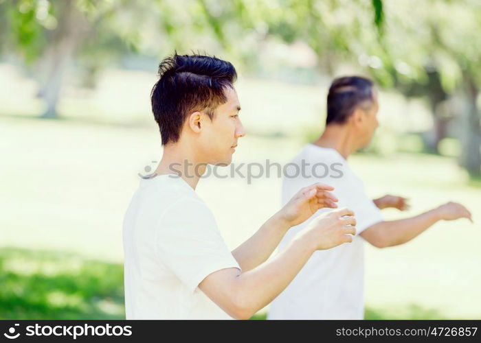 People practicing thai chi in park. People practicing thai chi in the park in the summertime