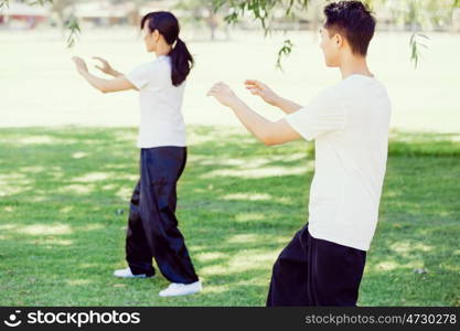 People practicing thai chi in park. People practicing thai chi in the park in the summertime