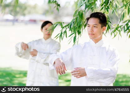 People practicing thai chi in park. People practicing thai chi in the park in the summertime