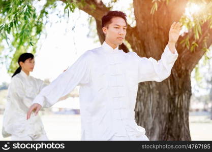 People practicing thai chi in park. People practicing thai chi in the park in the summertime