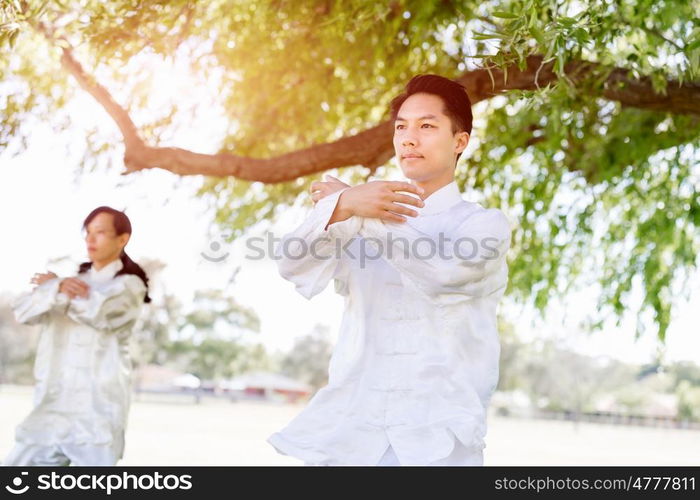 People practicing thai chi in park. People practicing thai chi in the park in the summertime