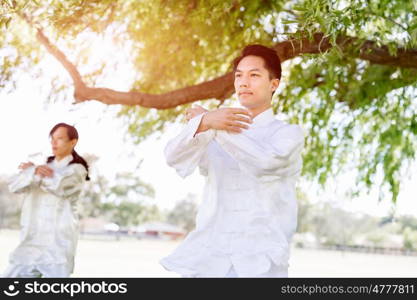 People practicing thai chi in park. People practicing thai chi in the park in the summertime