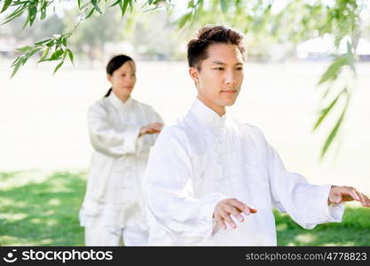 People practicing thai chi in park. People practicing thai chi in the park in the summertime