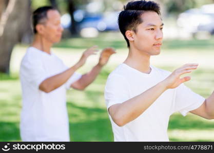 People practicing thai chi in park. People practicing thai chi in the park in the summertime