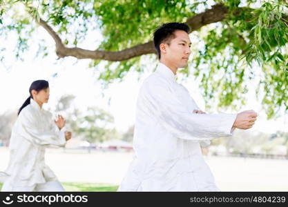 People practicing thai chi in park. People practicing thai chi in the park in the summertime