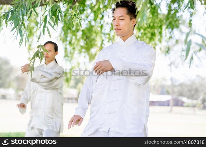 People practicing thai chi in park. People practicing thai chi in the park in the summertime