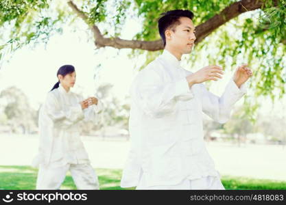 People practicing thai chi in park. People practicing thai chi in the park in the summertime