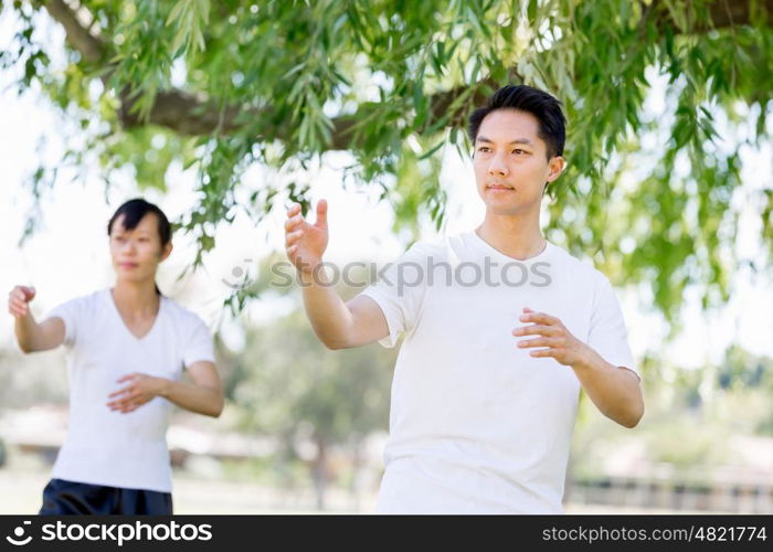 People practicing thai chi in park. People practicing thai chi in the park in the summertime