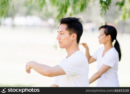 People practicing thai chi in park. People practicing thai chi in the park in the summertime