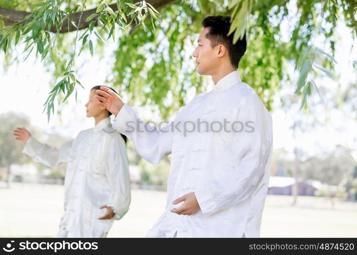 People practicing thai chi in park. People practicing thai chi in the park in the summertime