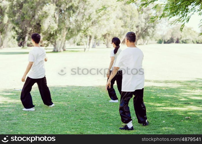 People practicing thai chi in park. People practicing thai chi in the park in the summertime