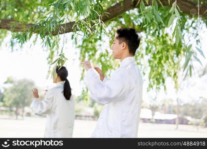 People practicing thai chi in park. People practicing thai chi in the park in the summertime