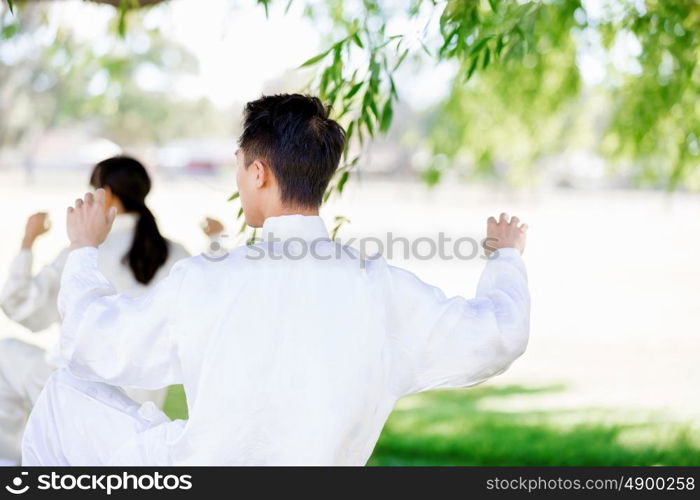 People practicing thai chi in park. People practicing thai chi in the park in the summertime