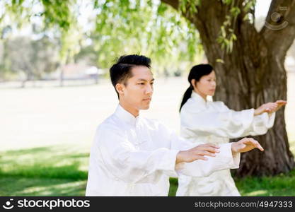 People practicing thai chi in park. People practicing thai chi in the park in the summertime