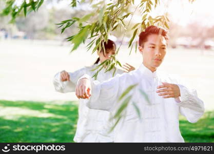 People practicing thai chi in park. People practicing thai chi in the park in the summertime