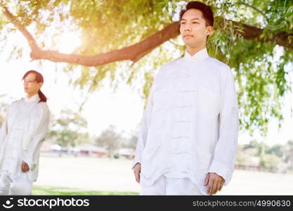 People practicing thai chi in park. People practicing thai chi in the park in the summertime