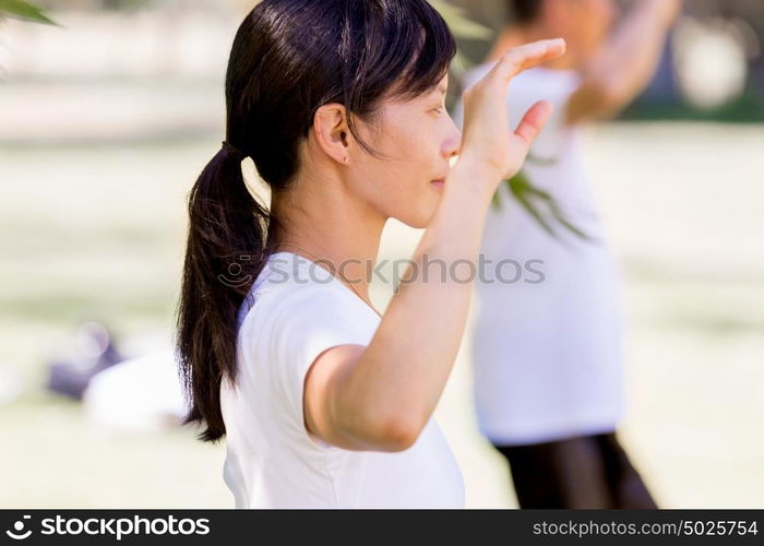 People practicing thai chi in park. People practicing thai chi in the park in the summertime