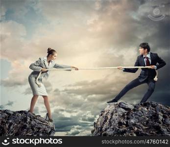 People pull the rope.. Confrontation between two business people. Abstract collage .