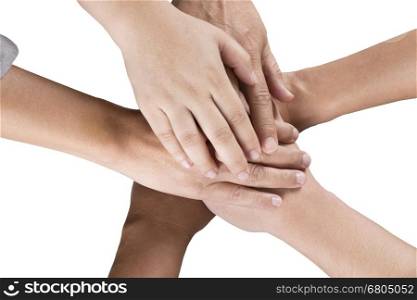 people put hand together isolated on white background for use as teamwork, unity concept