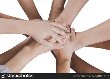 people put hand together isolated on white background for use as teamwork, unity concept