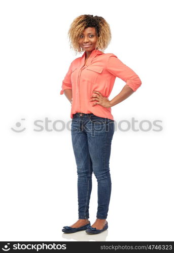 people, race, ethnicity and portrait concept - happy african american young woman over white