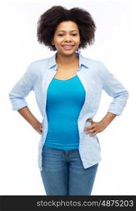 people, race, ethnicity and portrait concept - happy african american young woman over white